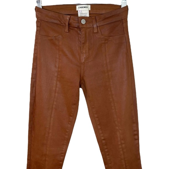 Agolde “Jyothi” Coated Cognac, High Waist, Split Ankle Skinny Jeans, Size 24 Tan - Picture 8 of 15